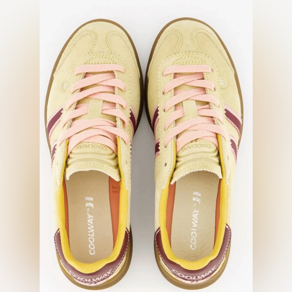 Coolway Beige Suede Athletic Sneakers with Pink Laces and Maroon Stripes